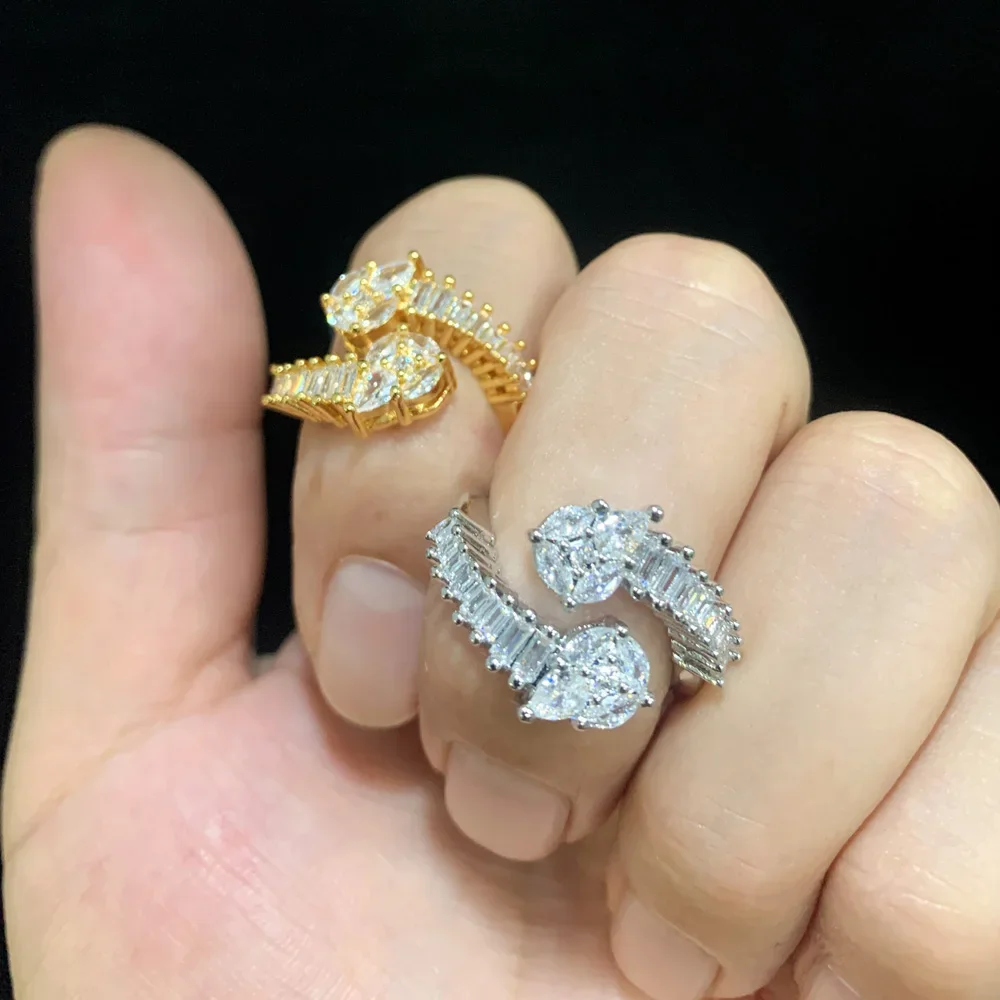 

Ice Out Bling 5A Cubic Zirconia Women Finger Jewelry Fashion Gold Color Geometric Round Water Drop CZ Adjustable Ring
