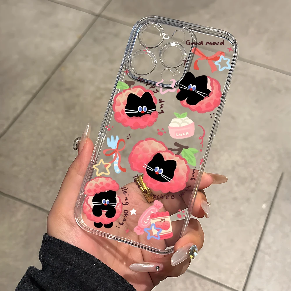Coque de téléphone en Silicone, chat noir, litchi doux, pour IPhone 17 16 15 14 13 12 11 Pro Xs Max Air Mini 7 8 6 6s Plus SE 2020 2022