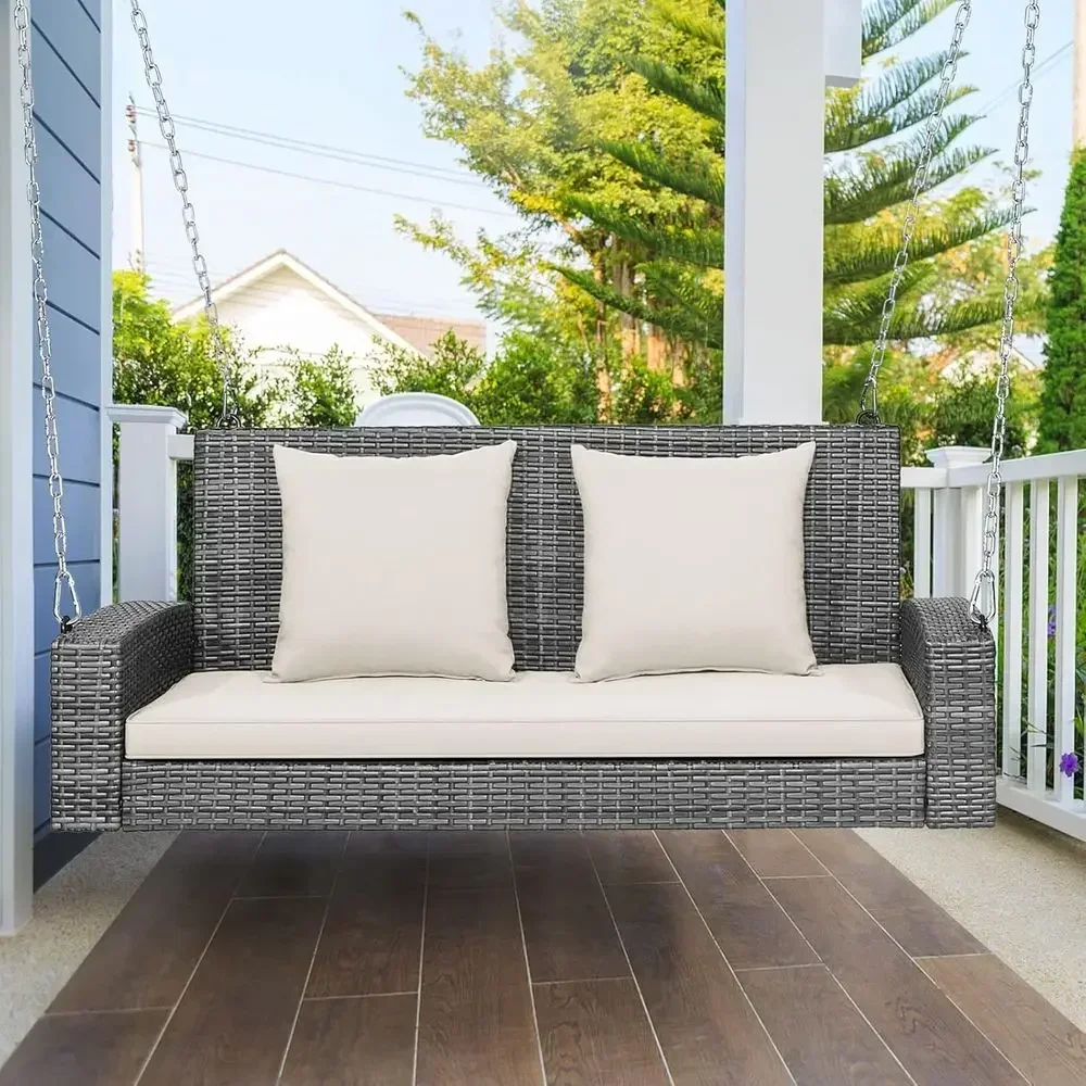 2-Person Outdoor Swing Bench with Cushions, Metal Chains, for Patio, Balcony, Garden - White