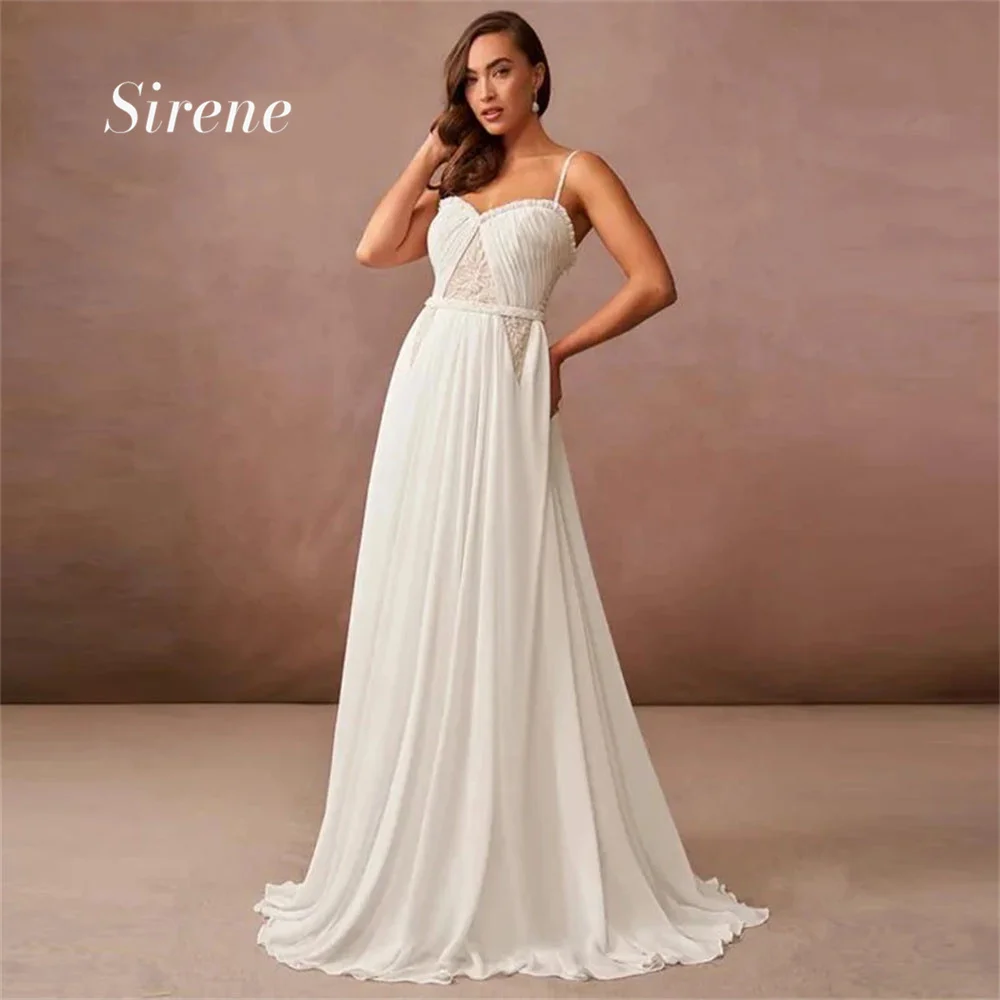 

Sirene Triangle Illusion Applique Pleated Chiffon Wedding Dress Sweetheart A-Line Spaghetti Straps Bridal Gown Vestidos De Novia