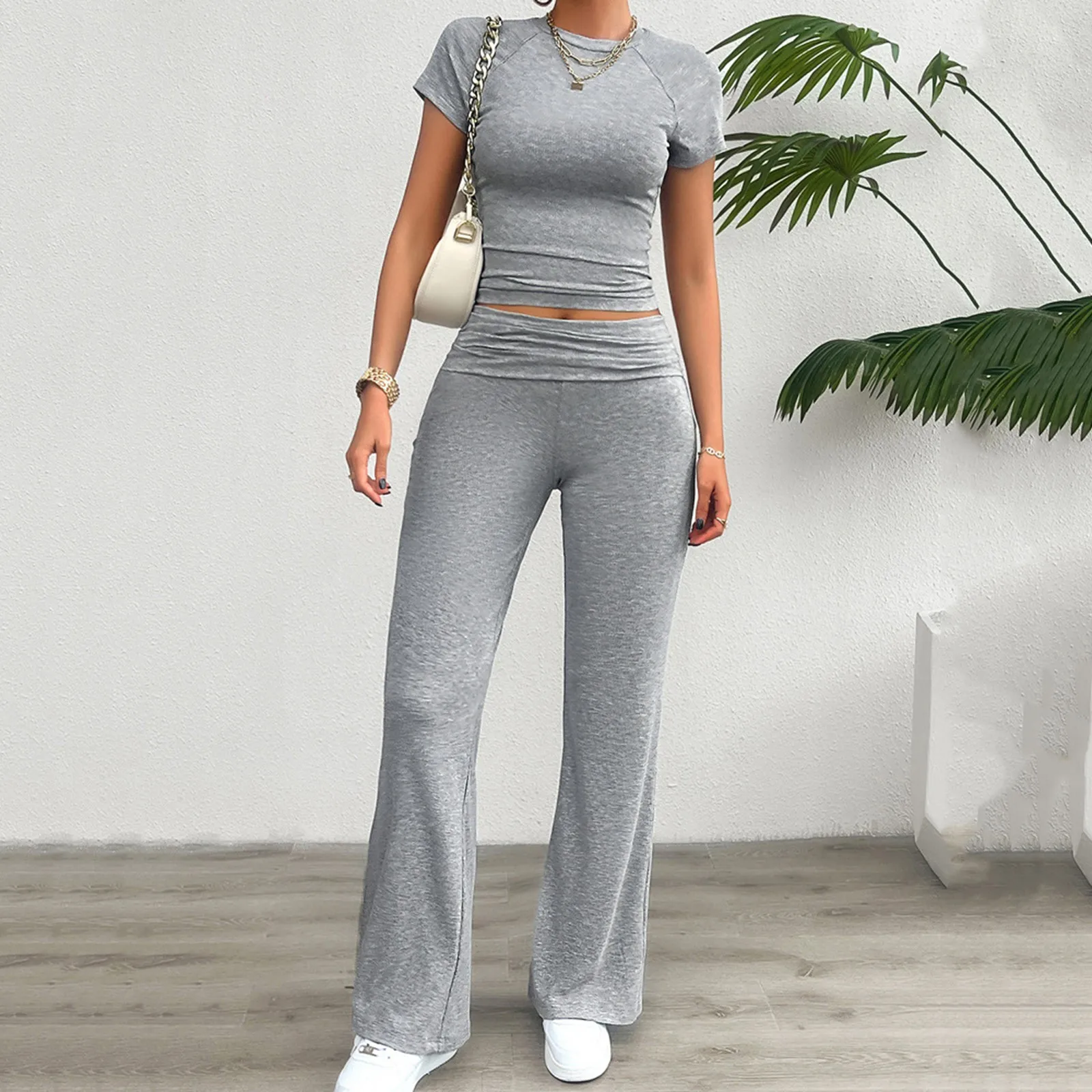 Zomer Nieuwe Broek Set Casual Ronde Hals, Slanke Tops Met Korte Mouwen In De Middellange Taille Bootcut Broek Pak Trend Dagelijkse All-Match Plooien Set