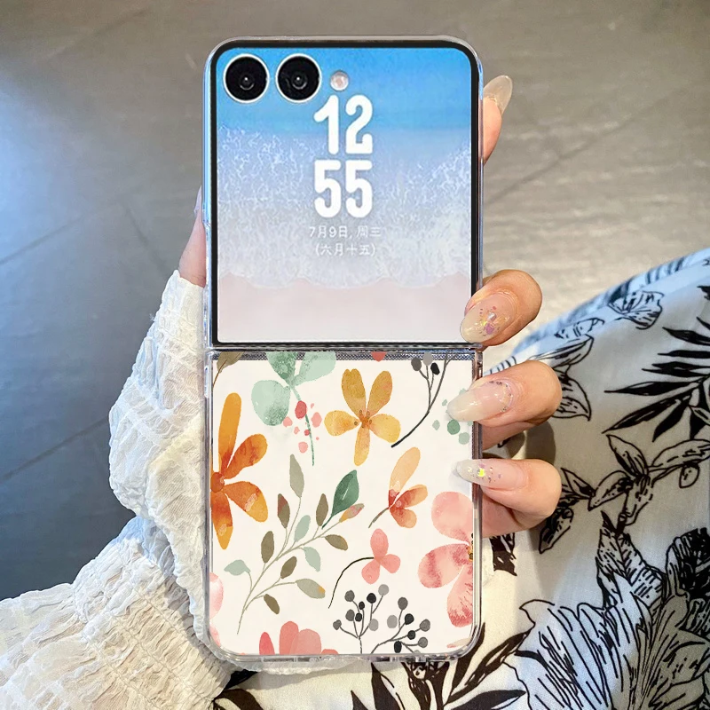 Colored Flower Printed Phone Case For Samsung Galaxy Z Flip 8 7 FE 6 5 4 3 5G Hard Folding Clear Cover For Samsung Z Flip7 Flip8