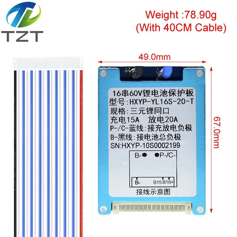 TZT BMS 16S 60V 20A Lmo Ternary Li-ion Lithium 18650 Battery Charge Protection Board With Heat Sink With Temperature Control