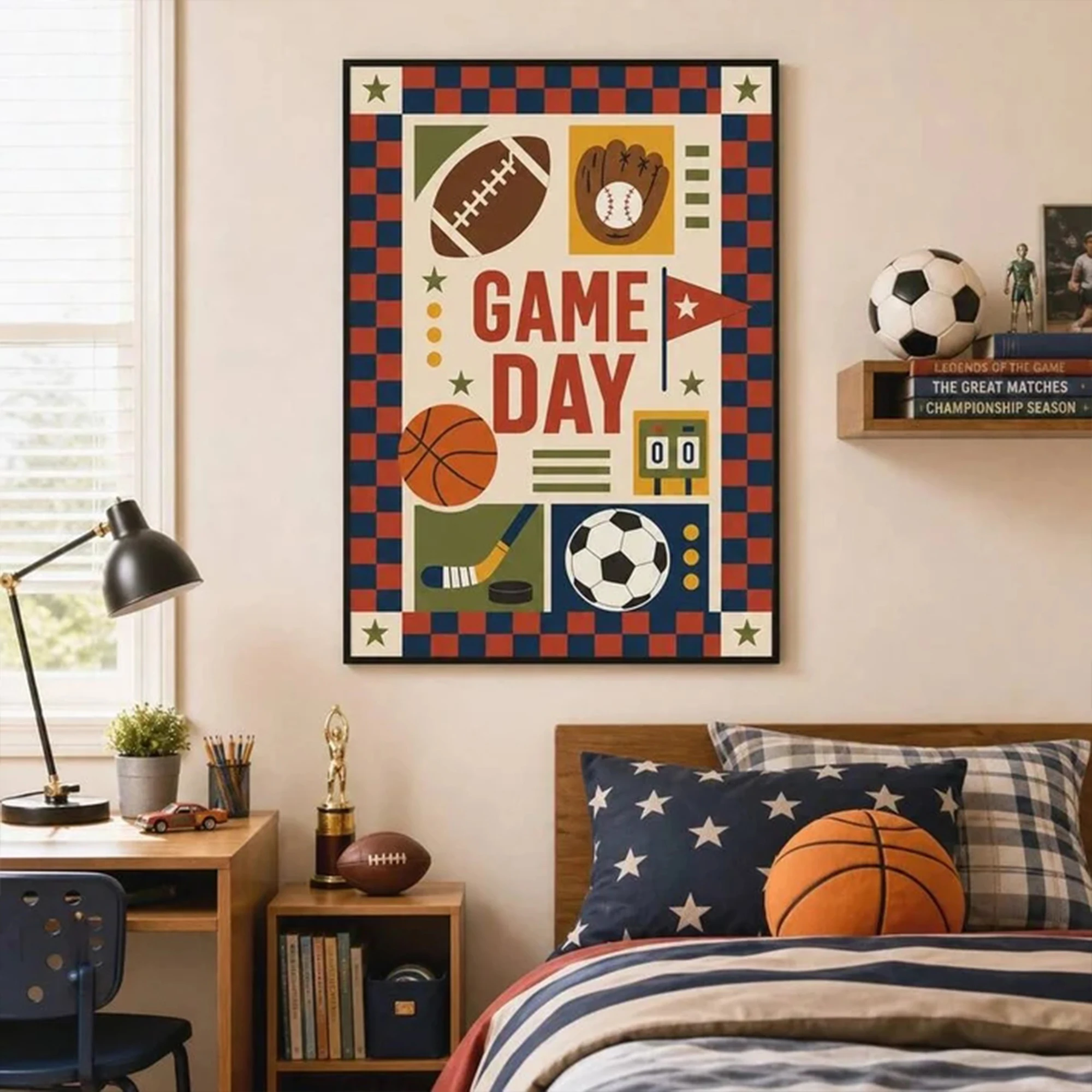 Vintage Checkered Game Day Mixed Sports Wall Art Print Canvas Painting Poster Picture For Living Room,Bedroom Home Decor