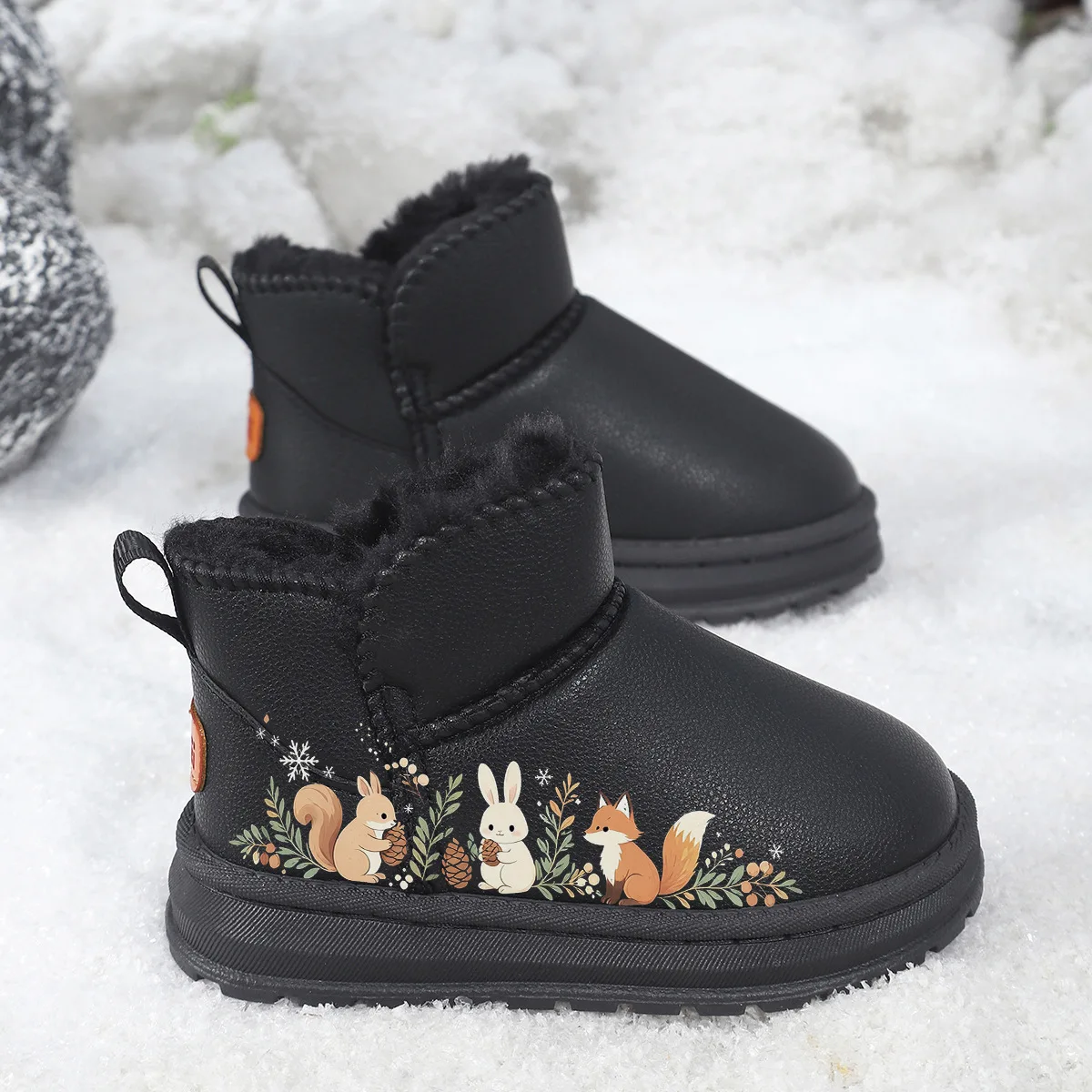 Kids Winter Snow Boots Cute Forest Animal Children Plush Boots Non-Slip Rubber Thick Sole Ankle Booties for Boys Girls