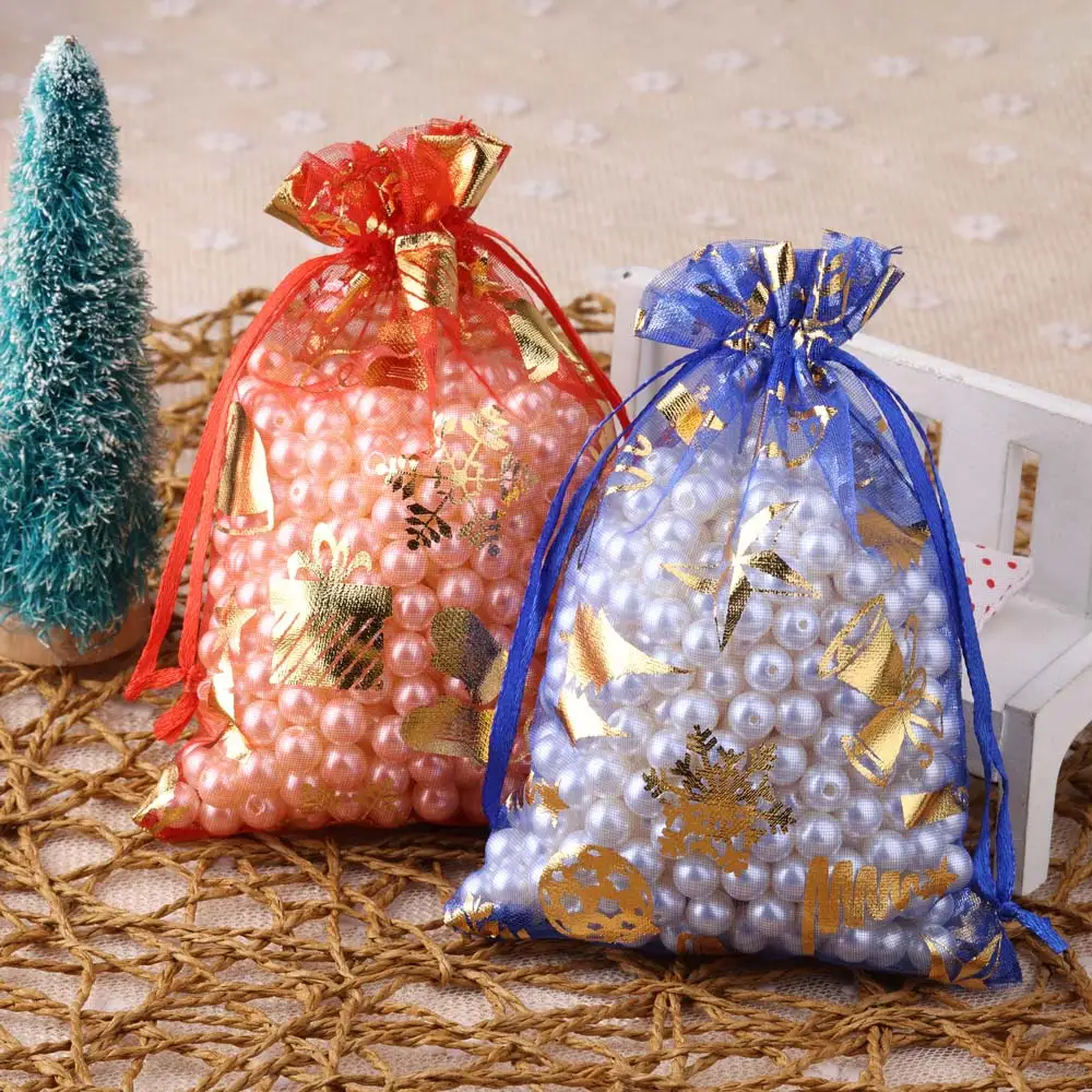 50pcs/lot Organza Bag Jewelry Packaging Hot Printing Snowflake Christmas Gift Bags Storage Wedding Drawstring Pouches Wholesale