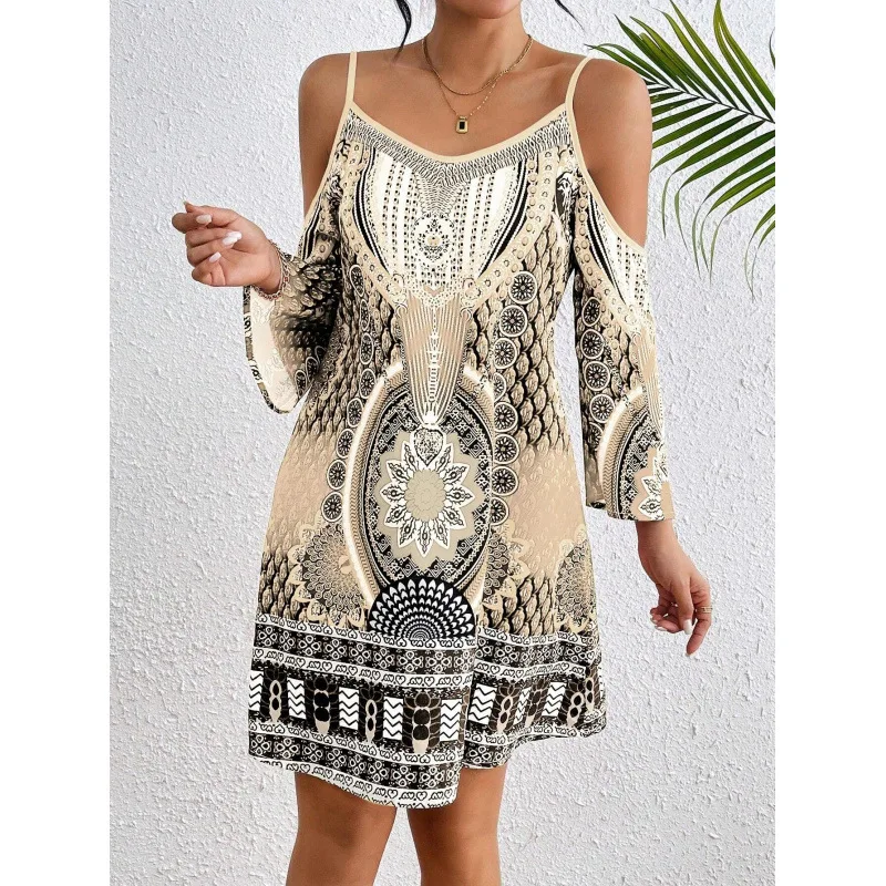 Real Shot In Stock Summer Vacation Vintage Off-Shoulder Half-Sleeve Strap Positioning Printed Dress