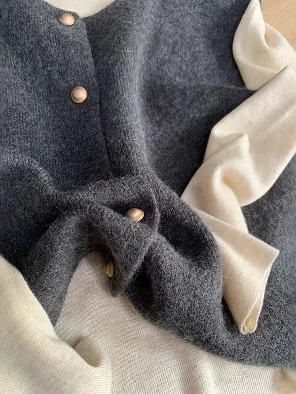 Gray Knitted Sweater Vest Fashionable Sleeveless Top with Small Gold Buckles for Layering Women's Loose Fit round Neck Design