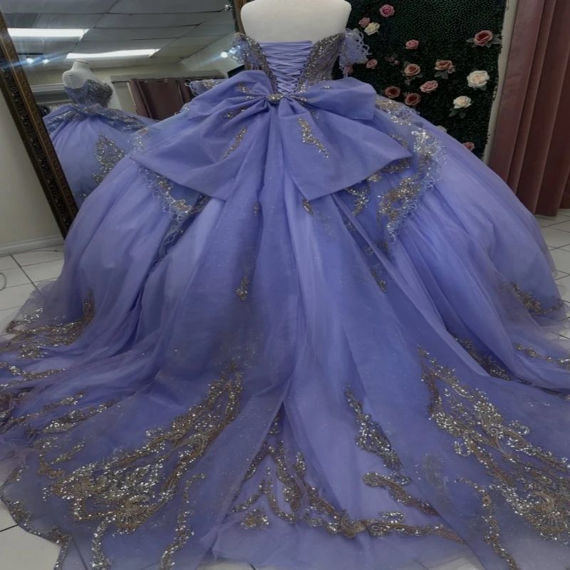 Lavender Ball Gown Quinceanera Dresses Gold Applique Lace Beading Crystal Bow Tiered Tull Corset Off The Shoulder Sweet 16 Dress