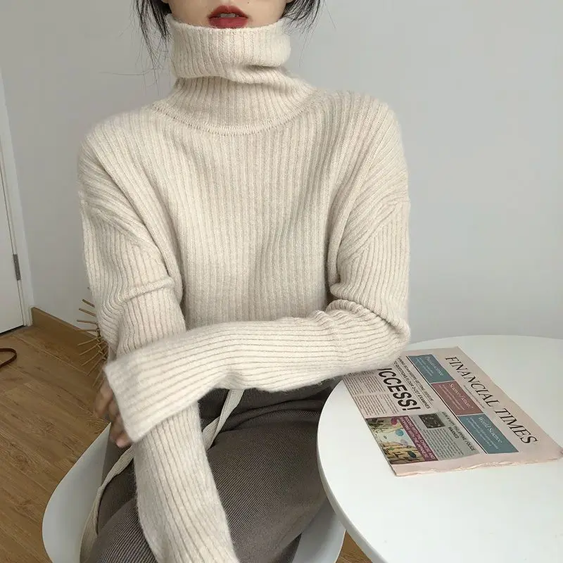 Autumn and Winter Women's Pullover Turnneck Patchwork Screw Thread Solid Color Loose Fashion Casual Elegant Long Sleeve Tops