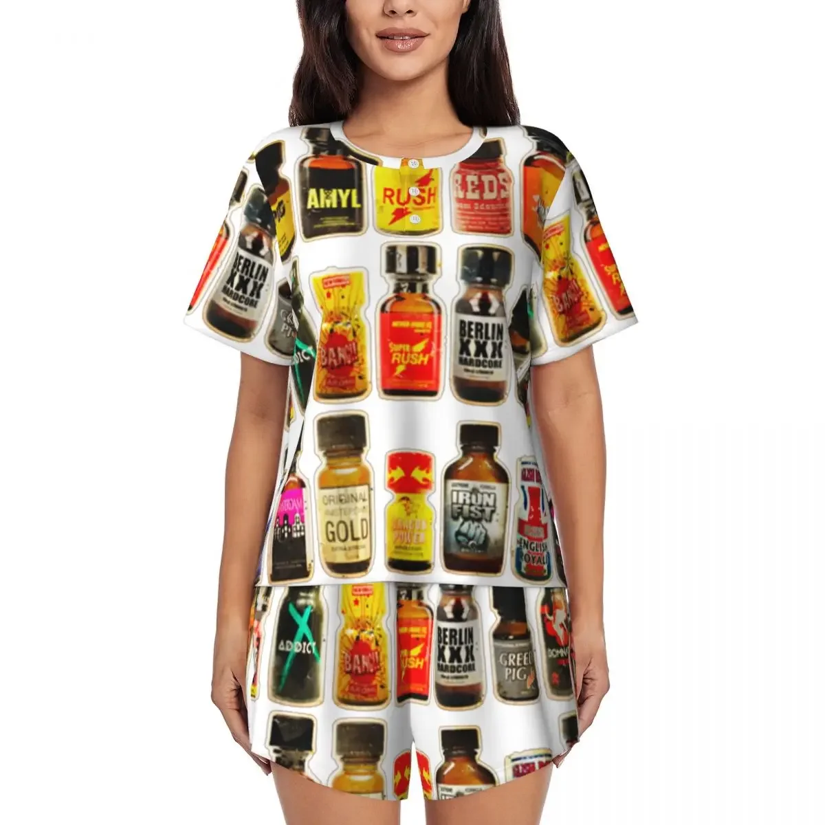 

Poppers Bottles Gay Rush Jungle Juice Amyl Inhaler Round Neck Short Sleeve Nightgowns for Sleeping Women Pajama Set Short Pants