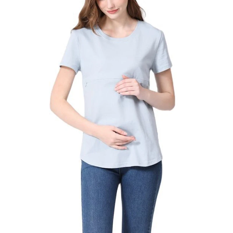 ALTERSummer T-shirt en coton à manches courtes pour femmes enceintes, fermeture éclair invisible, vêtements d\'allaitement, haut, 2023