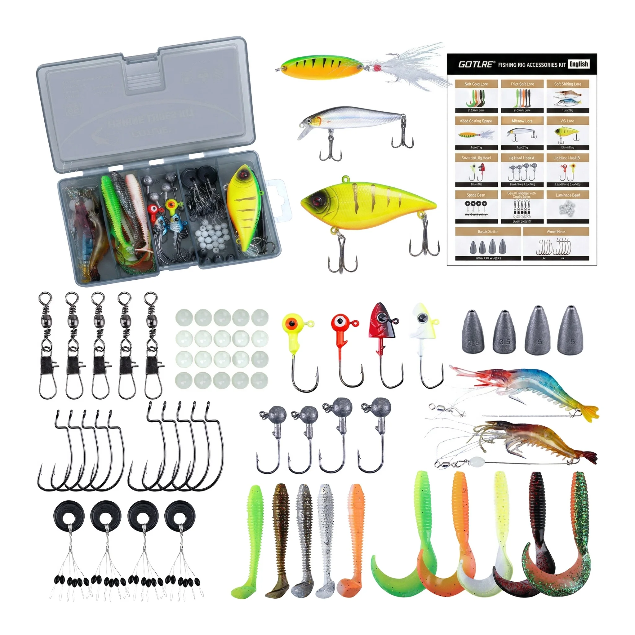 Goture 66pcs Lure Fishing Set, Sequins Hard Bait Soft Bait Minnow Crank Accessories, Complete Fishing Tackle Kit with Tackle Box