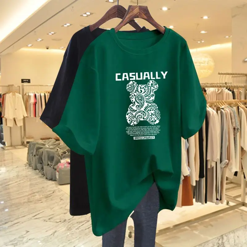 Women Clothing Fashion Chinese Style Print Pure Cotton T-shirt Summer O-neck Short Sleeve Basic Top Tees Loose Pullover 45-100Kg