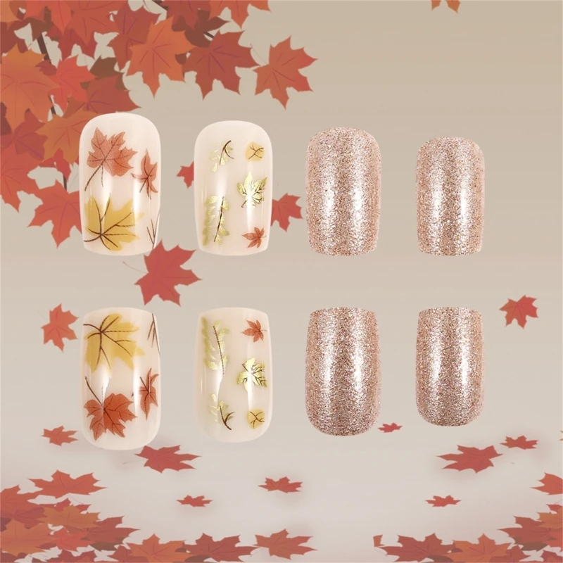 24pcs Maple Leaf Designed Press On Nails False For Fall Celebrations E1YF