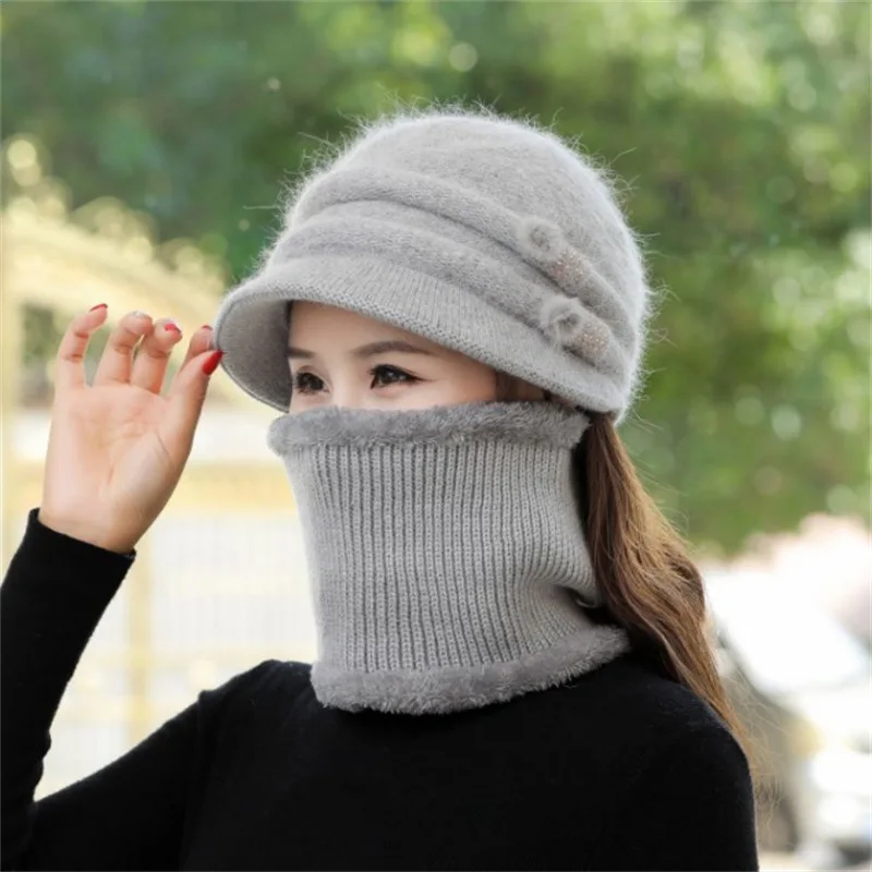 Frauen Winter mütze halten warme Mütze hinzufügen Pelz gefütterte Mützen und Schal warm für weibliche lässige Kaninchen fell Winter Strick haube gesetzt