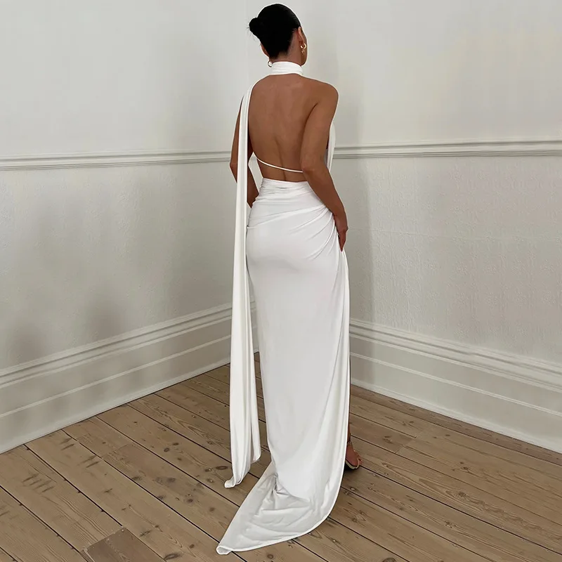 Fashionable Sexy Backless Party Dress With Neckband Hollowed Out Prom Gown Strapless High Waisted Slit Evening Robes