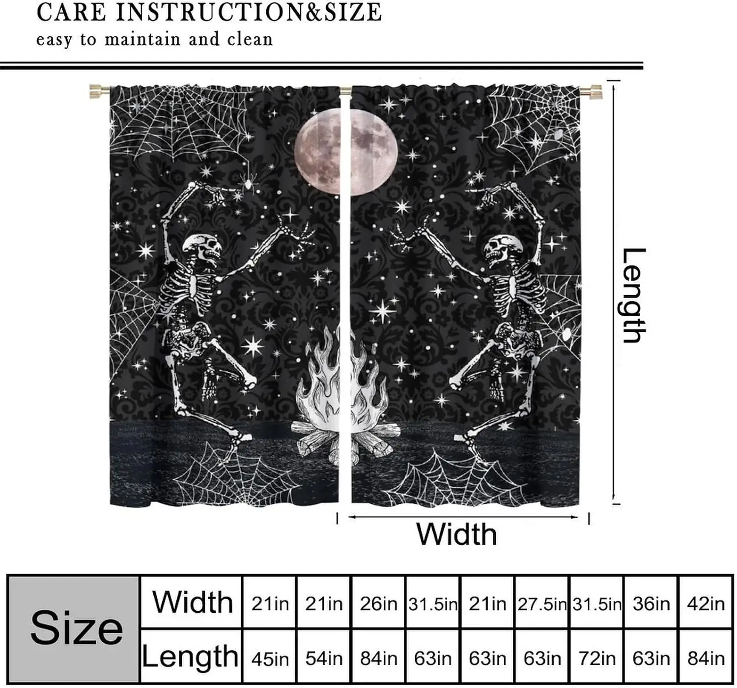 Dancing Skeleton Bonfire Full Moon Spider Web Vintage Damask Blackout Rod Pocket Curtain Gothic Spooky Elegant Bedroom Rest Bay