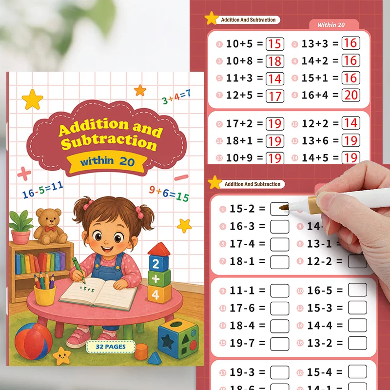 A Math Addition and Subtraction Exercise Book Within 20, 32 Pages English Arithmetic Problems, Math Operation Enlightenment Book