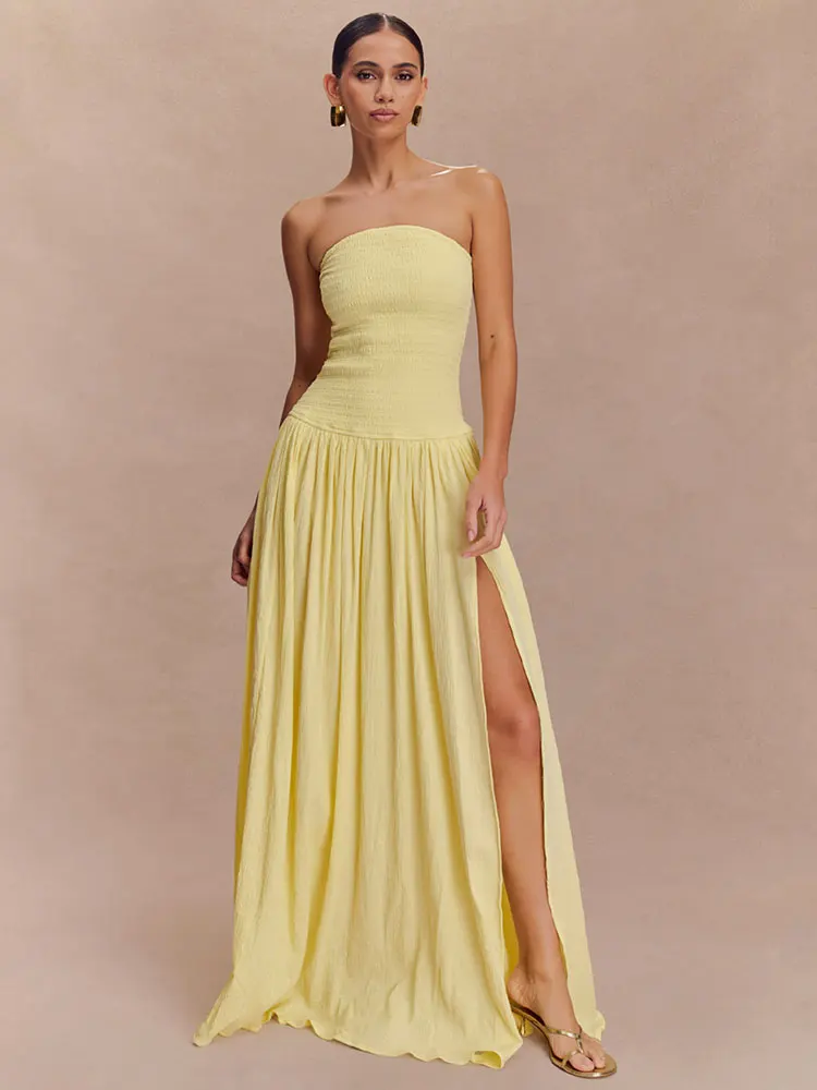 

GACVGA Sexy Strapless Maxi Dress for Women New Chic Slit High Waist Pleated A-line Elegant Ladies Party Long Dresses