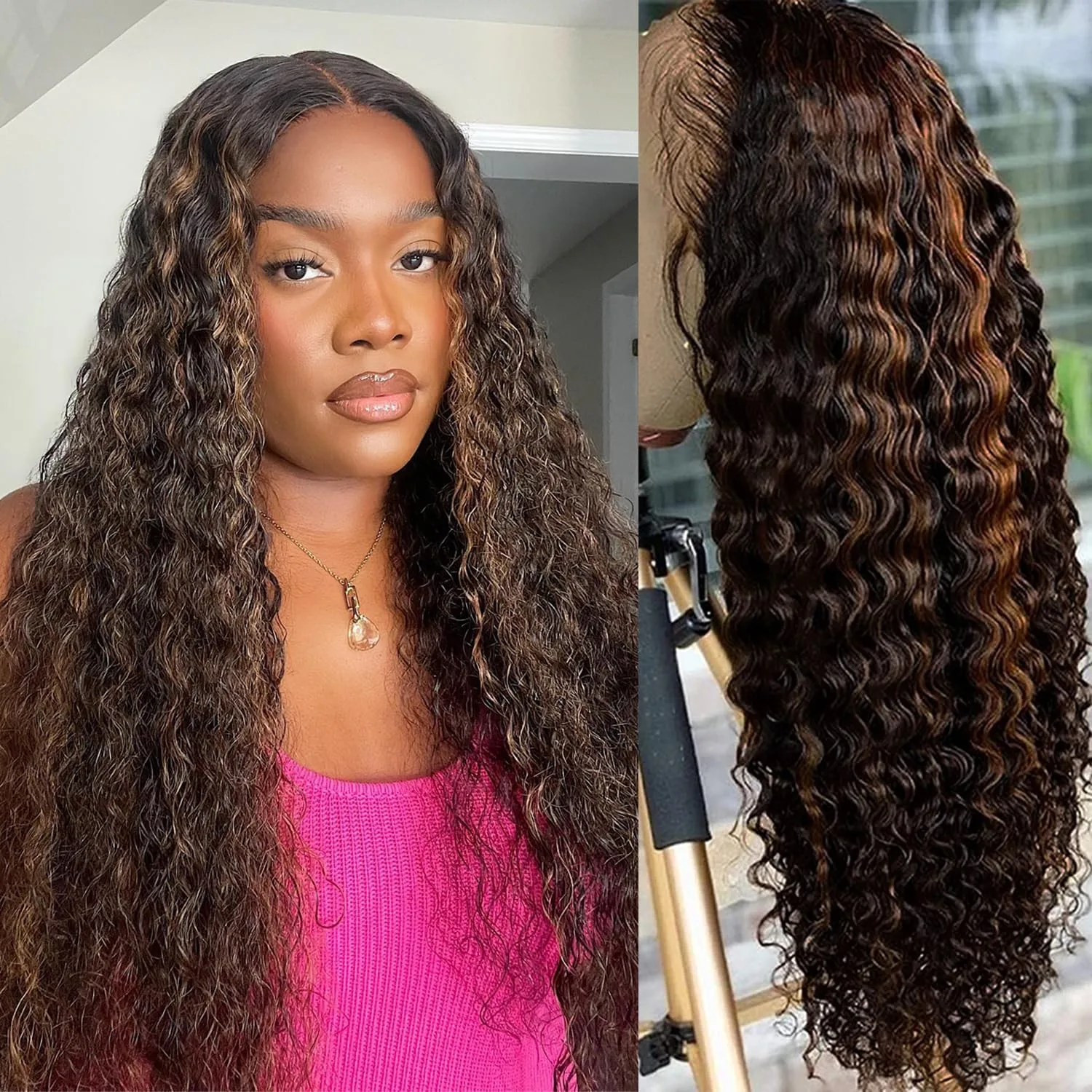 

Deep Wave Lace Front Wigs Human Hair 5×5 Glueless 220 Density Ready to Wear Transparent Frontal Wig For Women Pre Plucked 1B30