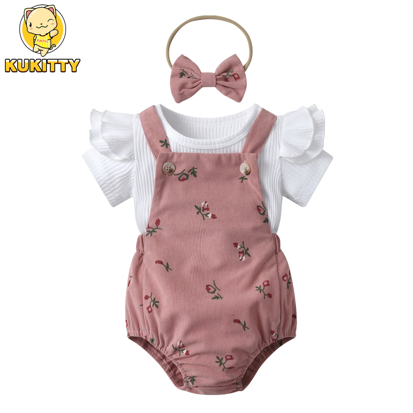 3PCS Summer Newborn Baby Girls Fashion Clothes Set Cotton Short-sleeved Top and Sleeveless Jumpuit with Headband Toddler Outfit