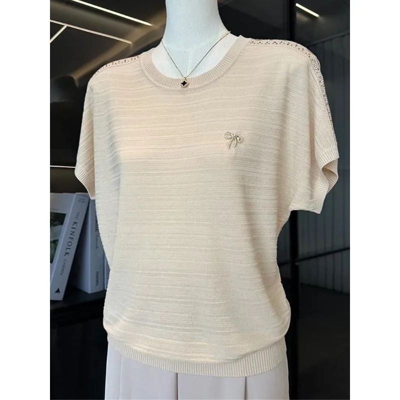 Women's Fashion Short Sleeve Knit Top With Rhinestone Bow Decor Elegant Summer T-Shirt For Middle-Aged