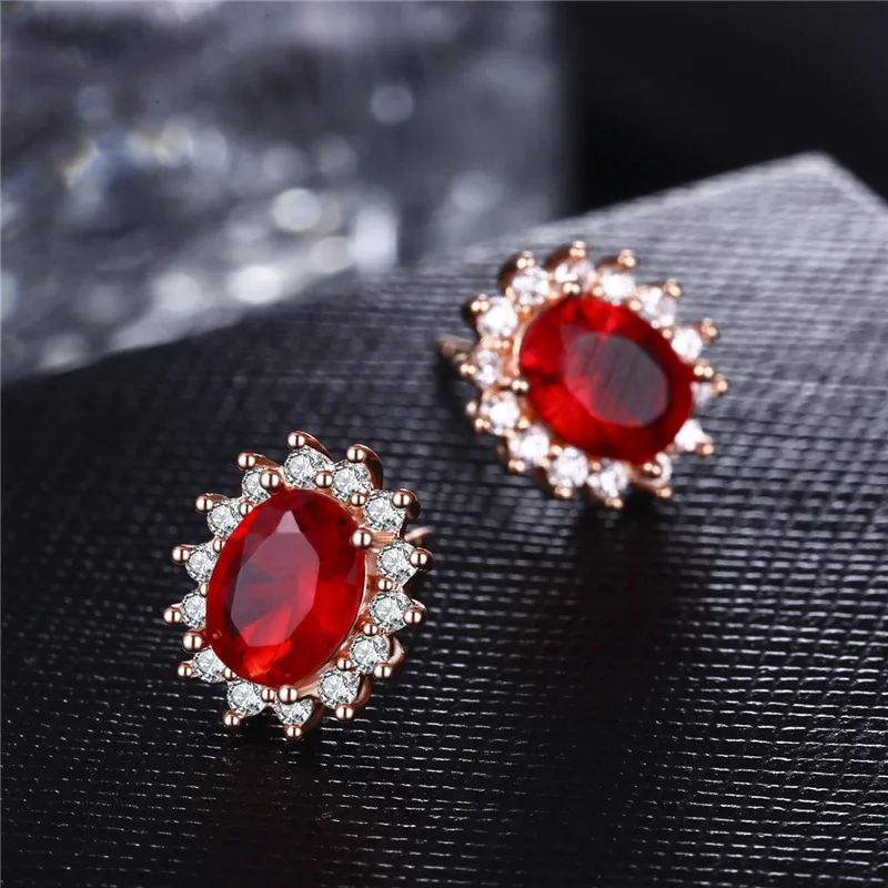 Princess Diana Natural Red Ruby White Gold/ Rose Gold Color Stud Earrings for Women Halo Crown Gemstone Wedding Jewelry Gift