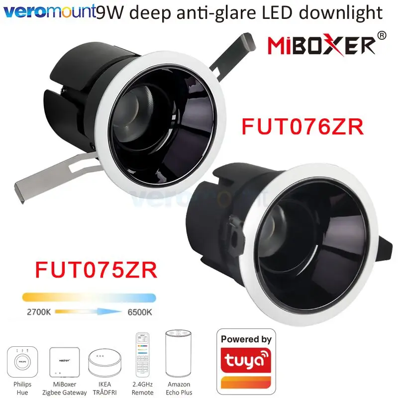 

MiBoxer FUT075ZR FUT076ZR 9W Deep Anti-glare CCT Dual White LED Downlight (Zigbee 3.0+2.4G) Tuya WiFi RF Remote Voice Control