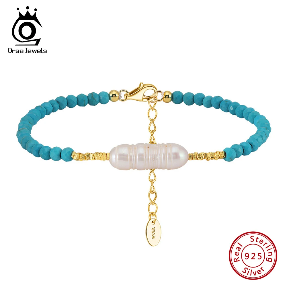 ORSA JEWELS Natural Stone Turquoises Beads Bracelet With Pearl 925 Sterling Silver Women Stretch Bracelet Healthy Jewelry MPB07