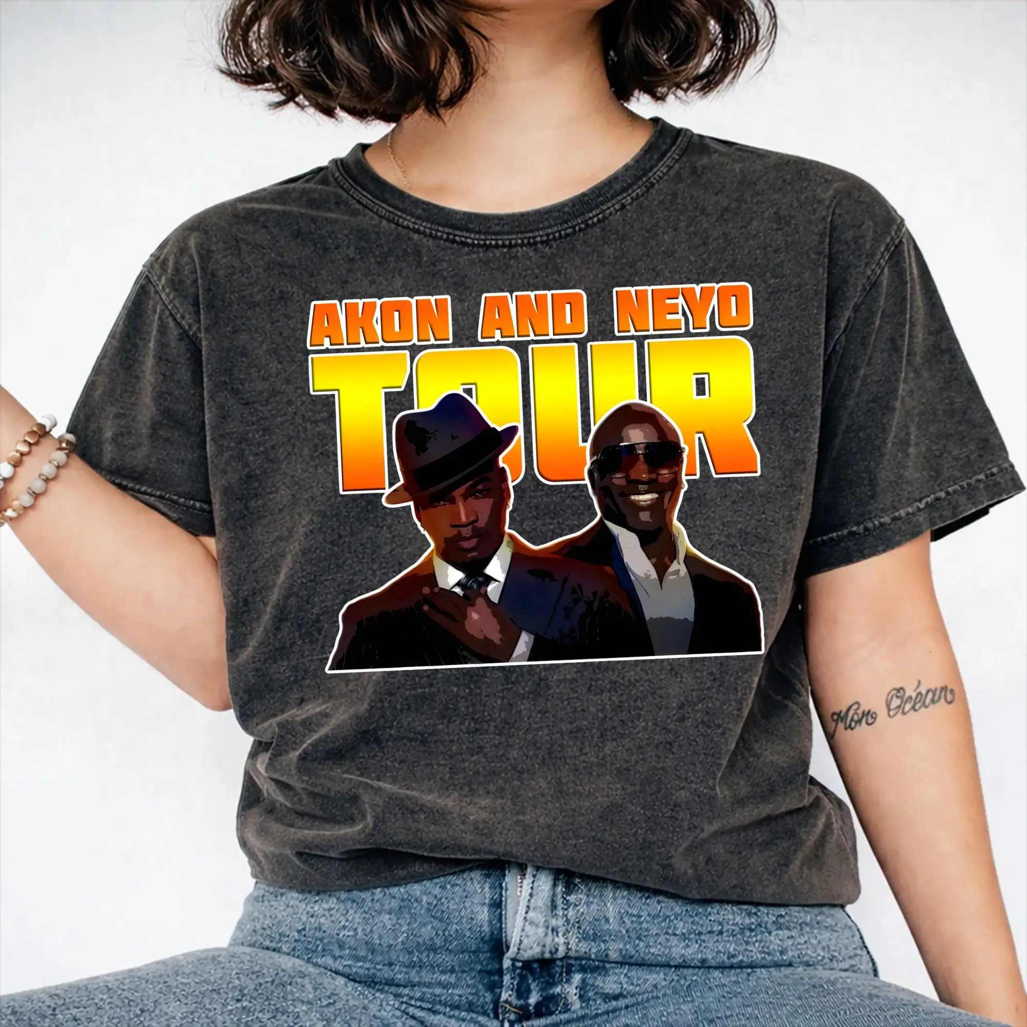 Camiseta Oversize con Estampado Gráfico de Akon y Neyo, Estilo Lavado, para Hombre y Mujer