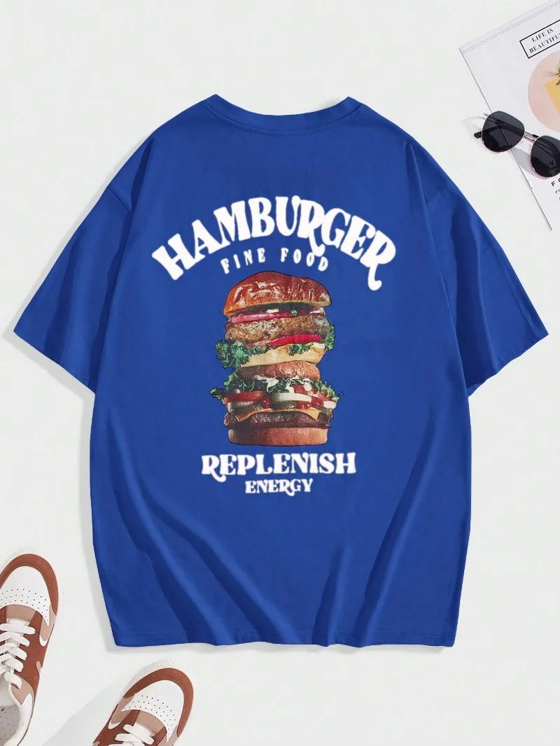 Men\'s T-shirt Hamburger & Letters Graphic Double-sided Printed Summer Round Neck Short Sleeve Trend for Men and Women