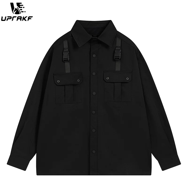 

UPRAKF Black Shirts Long Sleeve Polo Neck Fashion Double Pocket Casual Loose Autumn Button High Street Tops