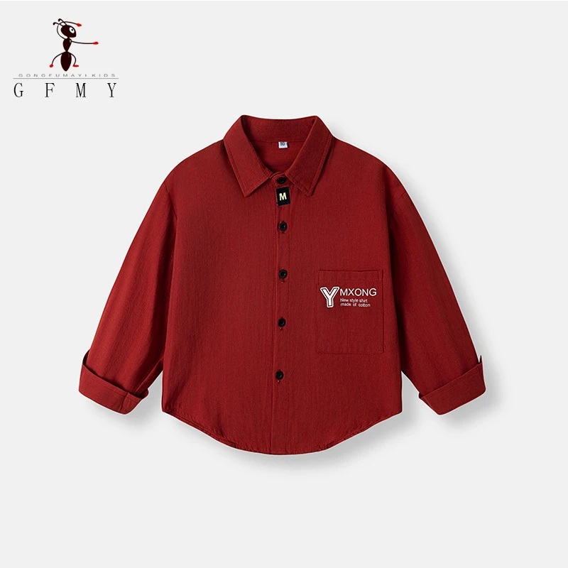 GFMY Children's Shirt Pure Cotton 2025 New Spring Boy Casual Long-sleeved White Shirt Blue Red Black 2Y-13Y