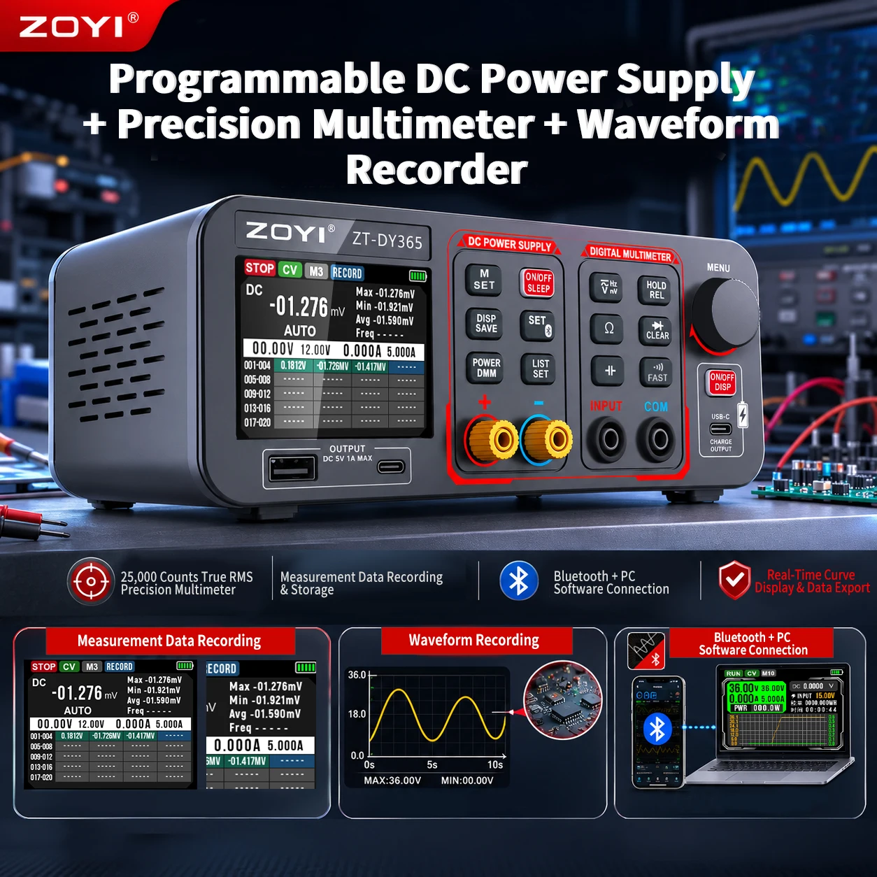 ZOYI DY365 180W Programmable DC Power Supply High Precision Multifunction Mobile Power 2-in-1 Multimeter