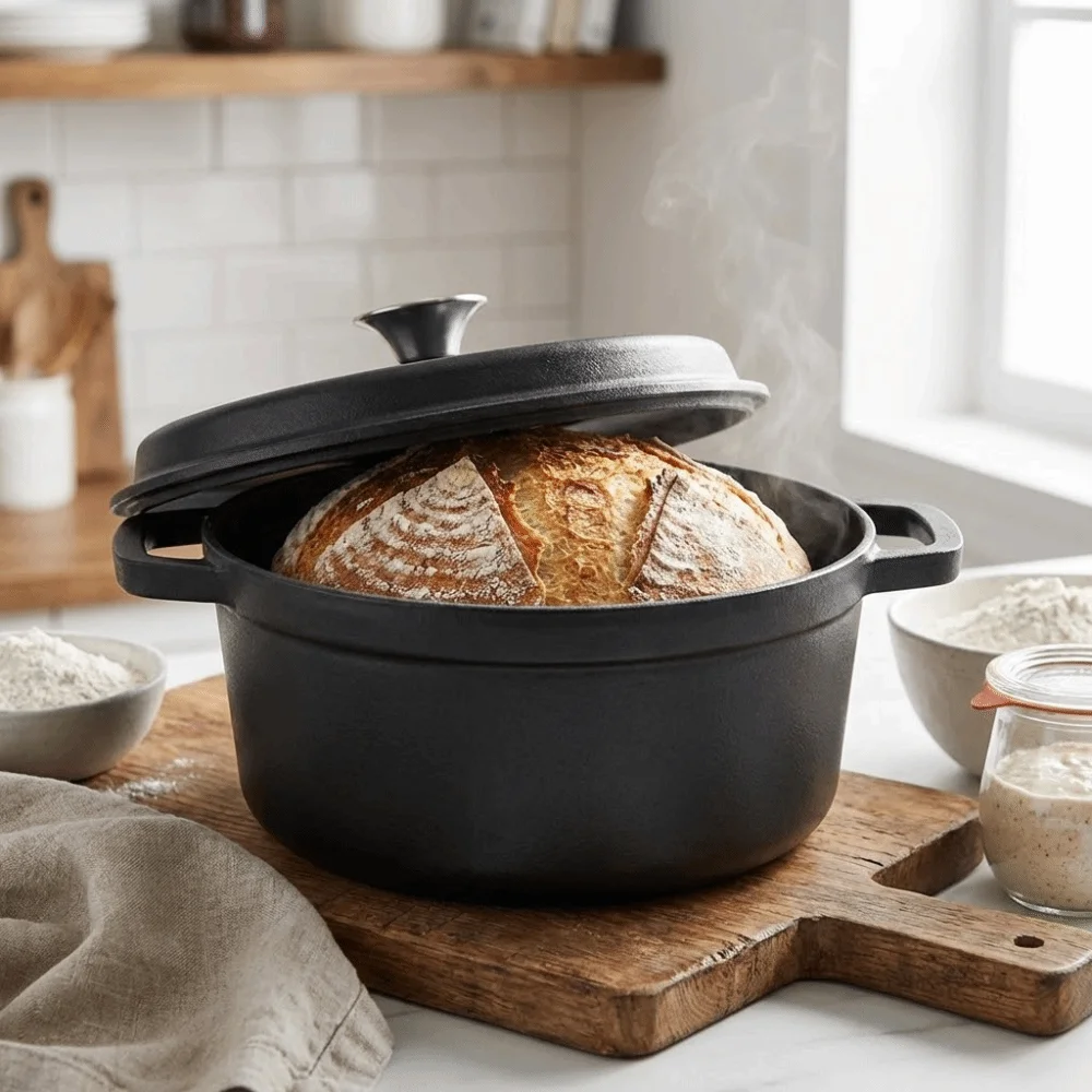 Olla de hierro fundido esmaltada profunda con tapa, sin recubrimiento, tipo Dutch Oven ‌   Olla para guisar de doble asa de 10-32 cm, apta para cocinas de inducción y gas