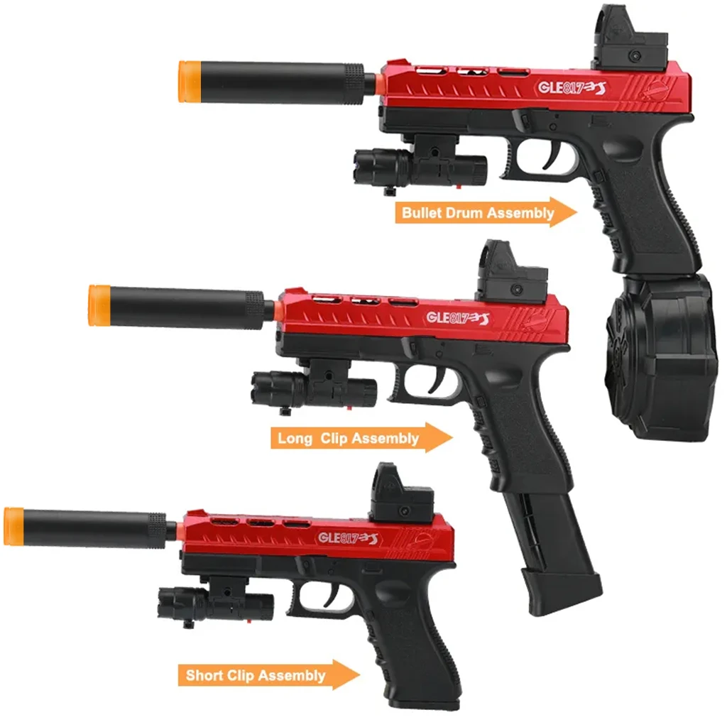 Pistolet na żelowe kulki, strzelanie, tryb ręczny i elektryczny, przełączanie dwu trybów, z trzema magazynkami, odpowiedni do interakcji rodzic-dziecko.