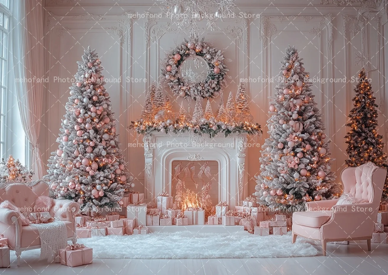 Mehofond Photography Background Christmas pink ball decoration fireplace chair grass ring Kids Family Portrait Backdrop Decor
