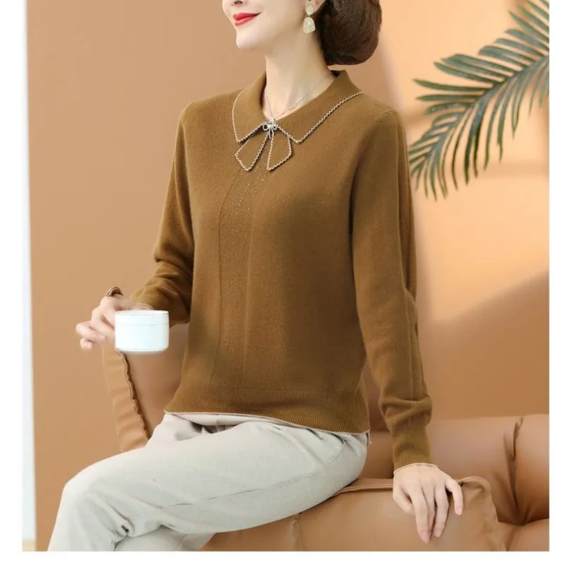 Otoño Invierno jersey de mujer cuello vuelto sólido bordado de diamantes de imitación suéter de manga larga tejido Casual elegante Tops