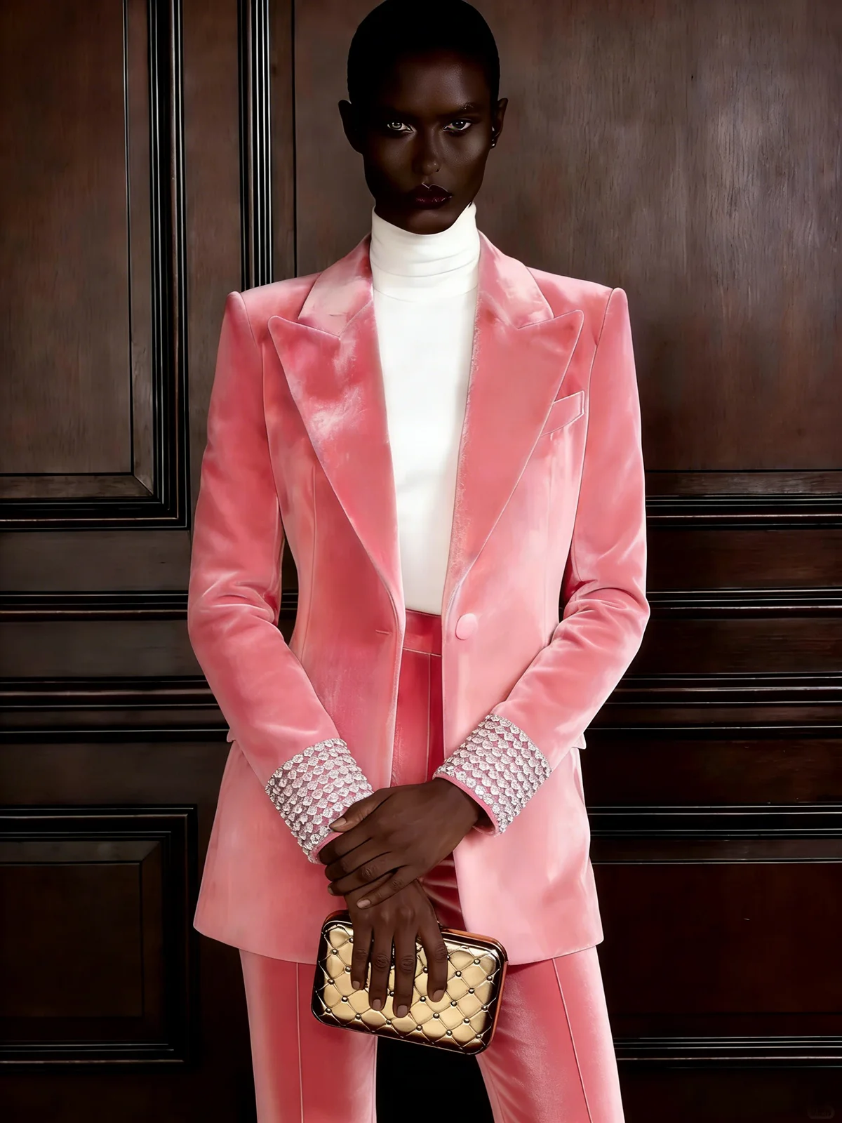 الوردي المخملية مطرز الكفة النساء السراويل الدعاوى سليم صالح السترة السراويل المستقيمة مخصصة الشتاء سيدة ارتداء الرسمي مساء حزب الزي