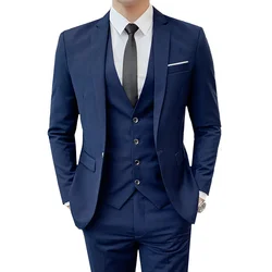 Blazers de negocios para hombres, traje ajustado, chaqueta, abrigo, chaleco, pantalones, vestido de boda, banquete, Color sólido, conjunto de 3 piezas