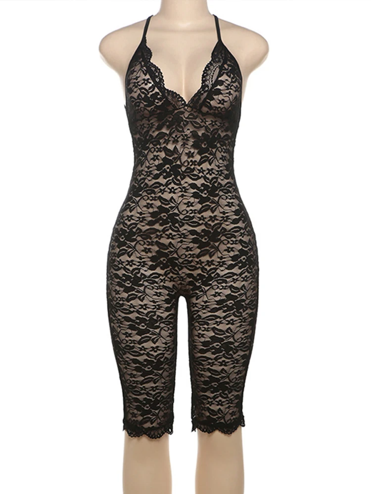 Tuta trasparente sexy in pizzo a V profondo da donna senza maniche a vita alta aderente pagliaccetto nero Y2K streetwear 2025 tuta estiva