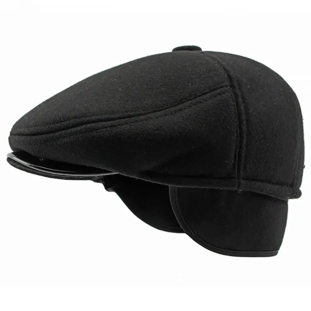 HT4287 Thick Warm Winter Caps for Men Solid Black Grey Flat Cap Male 5 Panels Beret Hat with Ear Flaps Beret Caps