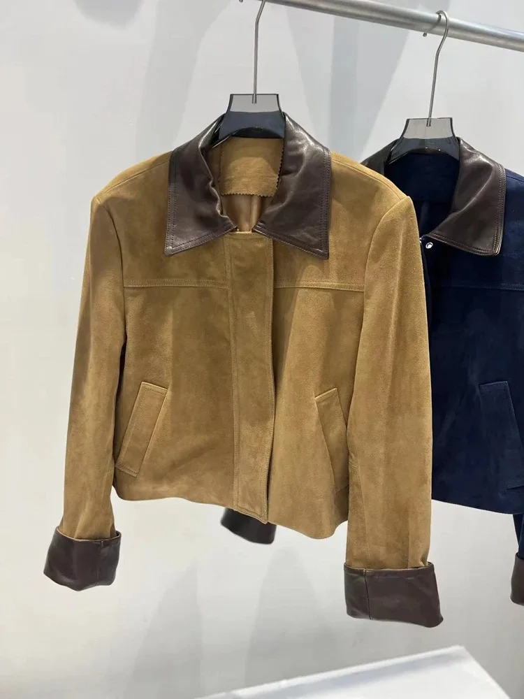 Veste en daim rétro importée pour femme, manteau en cuir contrasté, bleu marine, court, Locomotive, automne-hiver, 2025
