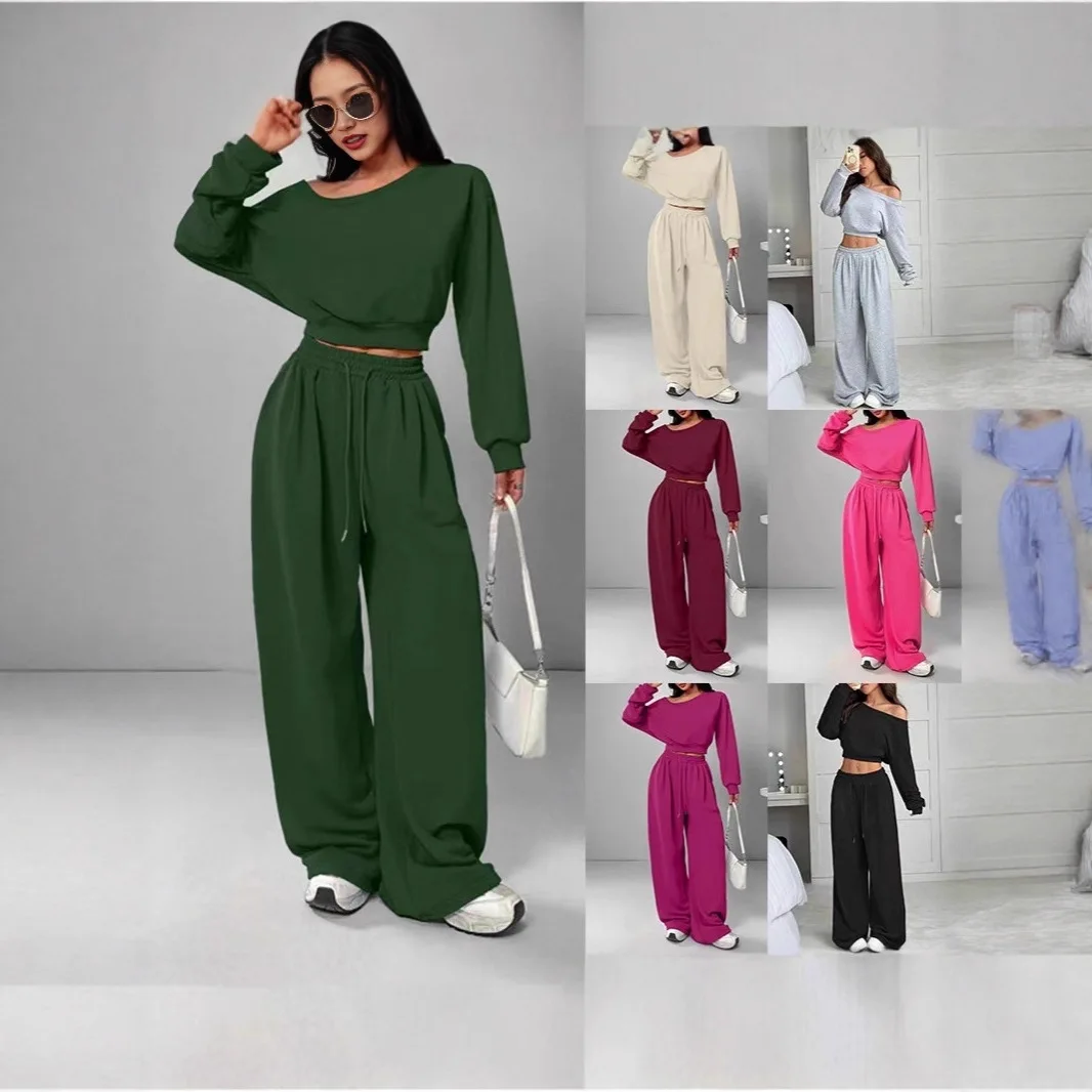 عادية الصلبة قبالة الكتف مجموعات للنساء موضة كم طويل قطري طوق القمم عالية الخصر بنطال ذو قصة أرجل واسعة 2 قطعة مجموعة سيدة