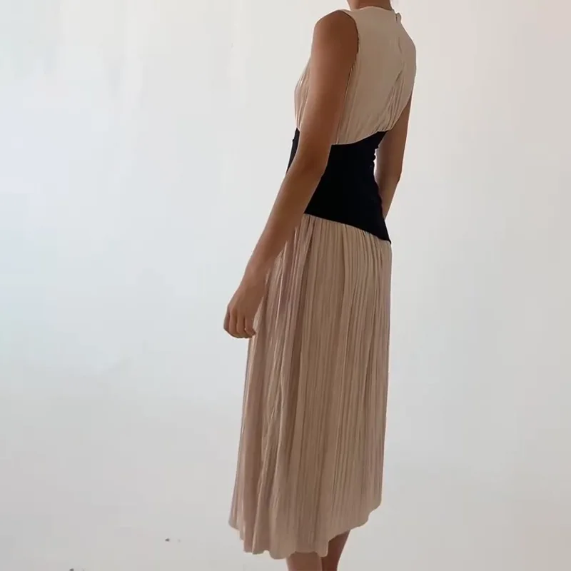 2025 봄 여름 신상 여성 의류 플리츠 불규칙 블랙 패치워크 민소매 타이트 롱 드레스