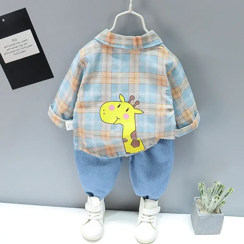 Autumn Spring Kids Boy Fashion Cartoon Clothing Set Kid Suits Set Plaid Shirt Pants 2pcs/set Children Clothes Set 1 2 3 4 5 Year