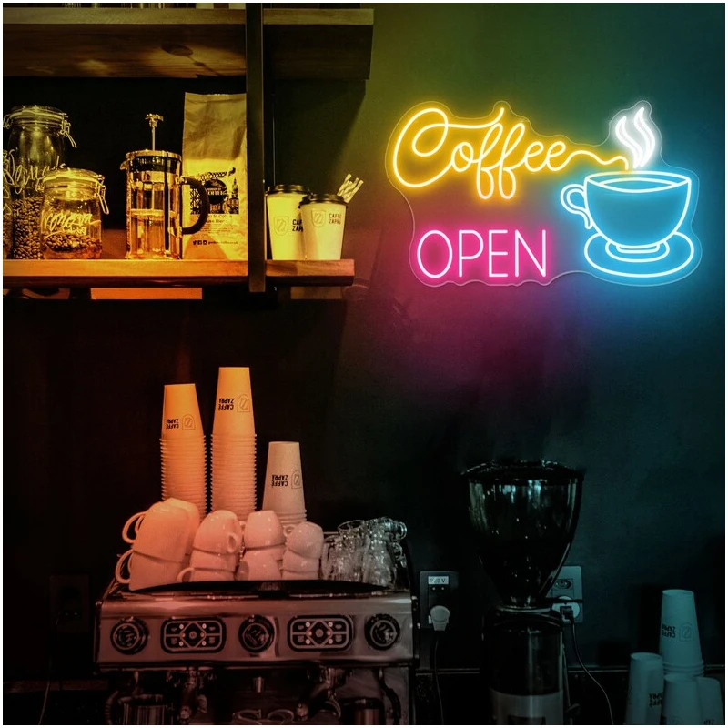 PROpen Coffee Neon Sign Lights, Décoration d'intérieur et d'extérieur décontractée, Décoration lumineuse pour café