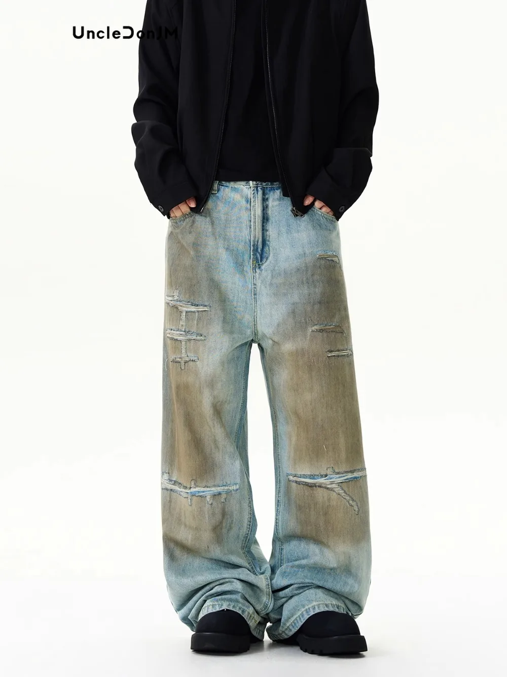 

Wasteland Dirty Y2k Men’s Jeans Distressed Streetwear Pants for Men Ripped Jeans