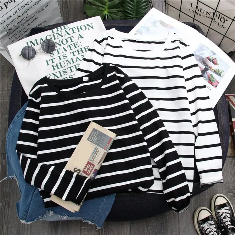 Women Blouse Skin-Touch Long Sleeves Anti Pilling Women Striped Pattern Stitching Simple T-shirt Autumn T-shirt Stretchy